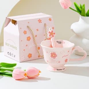 High Appearance Cherry Blossom Stemmed Glass Souvenir Ceramic Women Office Water Cup Breakfast Cup Trendy Elegant Cup