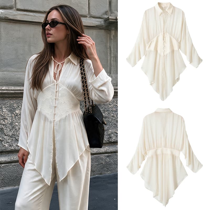 Cross-Border Women's Pleated Sheer Long V-Neck Tie-Front Batwing Long-Sleeve Cinched Shirt with Turn-Down Collar and Button Design
