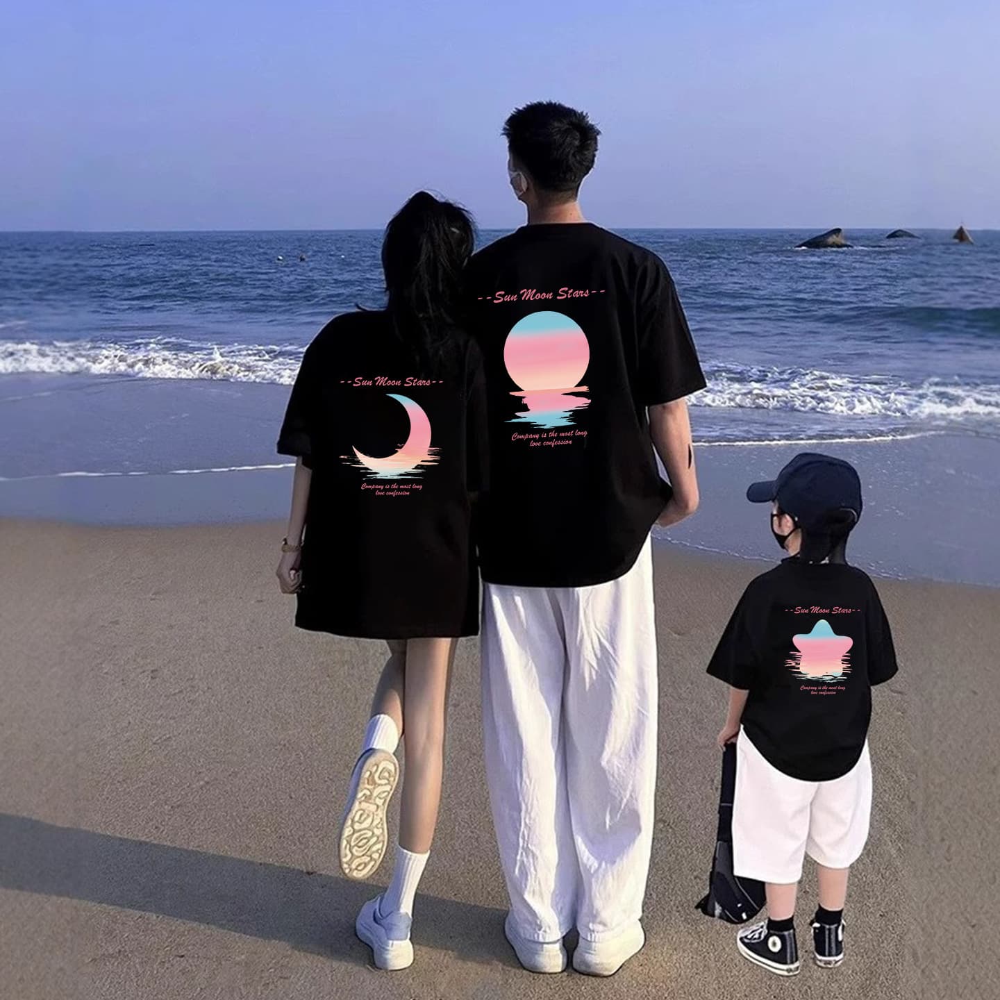 Trendy Couple Summer Black Cotton Short Sleeve Basic Round Neck T-Shirt Family Matching Top