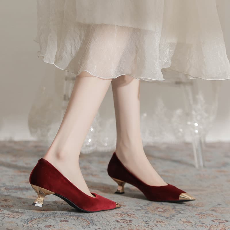 Velvet Red Zodiac Year High Heels 2025 Spring New Fashion Low Heel Metal Toe Wedding Shoes for Women