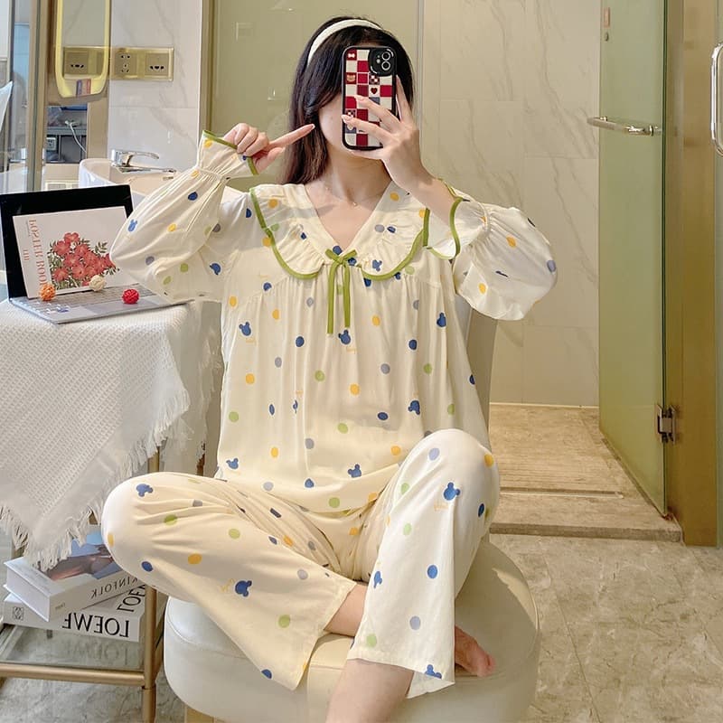 2026 Spring Summer New Pajamas Women Long Sleeve Long Pants, 40s Full Cotton Set, Petal V-Neck Quality Homewear