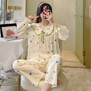 2026 Spring Summer New Pajamas Women Long Sleeve Long Pants, 40s Full Cotton Set, Petal V-Neck Quality Homewear