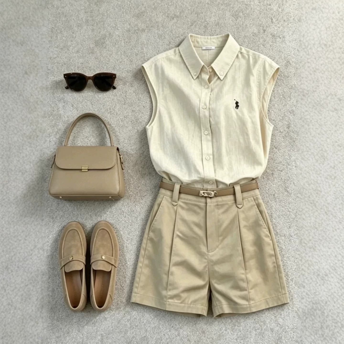Cross-border super popular outfit, a complete set of Xia's generous and decent little man's old money style light khaki shirt and shorts suit