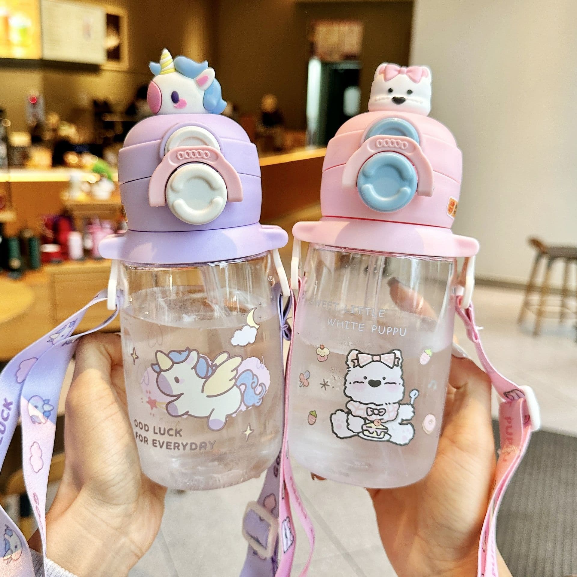 Cute Cartoon Water Bottle for Kids, Summer Straw Cup with Dual Drinking Spouts, Portable Plastic Cup for School