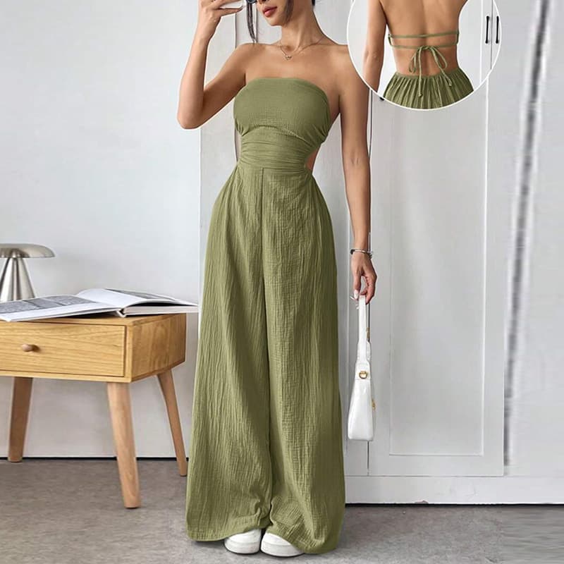 European and American Cross-Border Fashion Elegant Casual Lv Clothes Women's Pure Color Tube Top Waist Wide Leg Pants