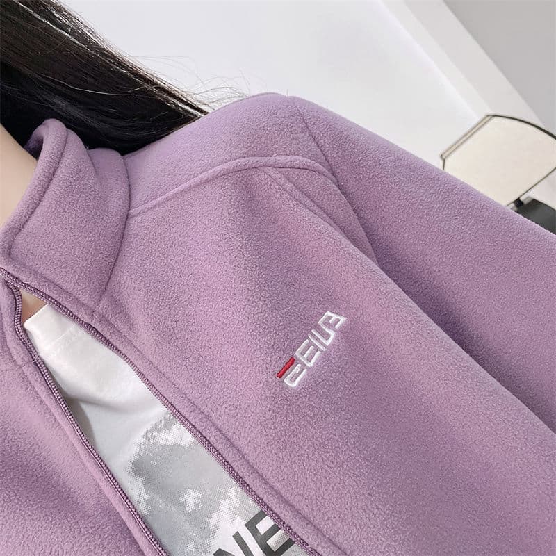 Women's Fleece-Lined Thickened Polar Fleece Spring Autumn Winter Outdoor Coat Windproof Warm Stand Collar Lining Hoodie Sport Casual