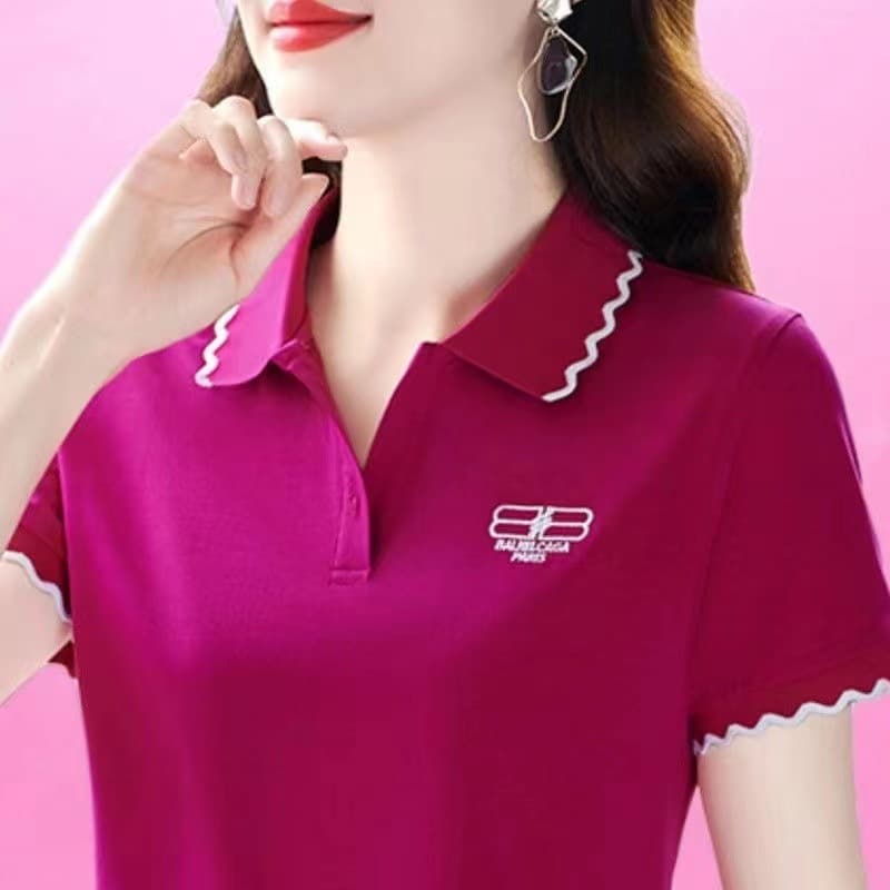 Short Sleeve Polo Shirt for Women, Turn-down Collar Summer 2023 Trendy Middle-aged Mother's Top with Collar, Ladies Polo Shirt