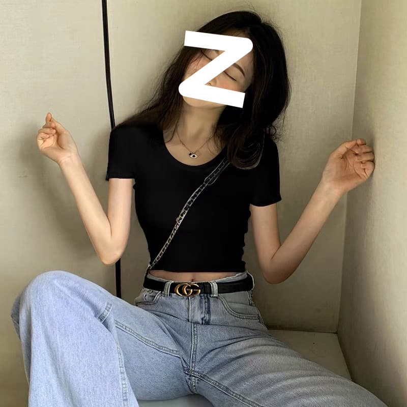 Black U-neck short-sleeved T-shirt women's summer pure cotton short hot girl tight high-waist crop top 2025 new style