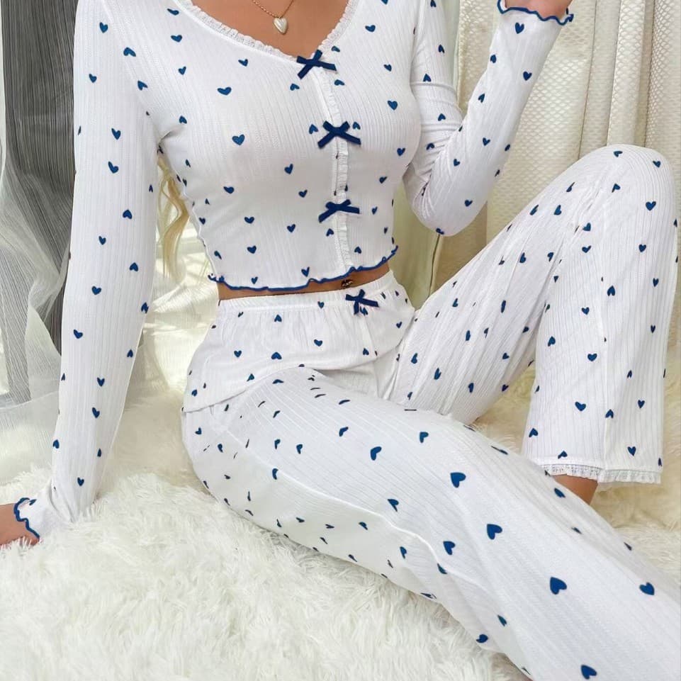 Europe and America Cross-border Hot Selling Homewear Printed Heart V-Neck Long Sleeve Pajamas Women Wearable Out Long Pants Two-Piece Set