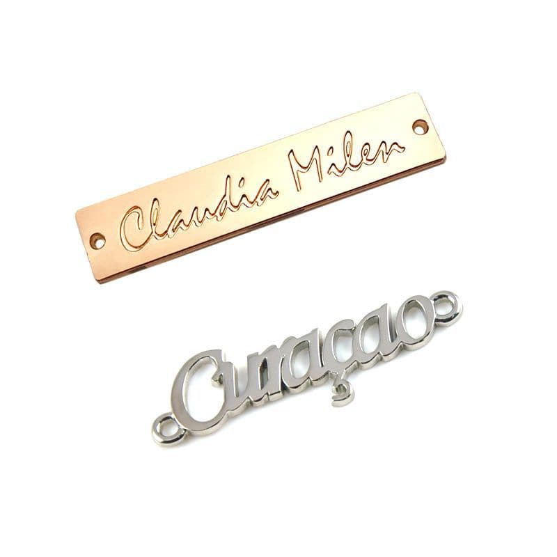 Custom Zinc Alloy Die-Cast Perforated Clothing Tags Metal Logo Bag Letter Prong Hardware Brand Labels