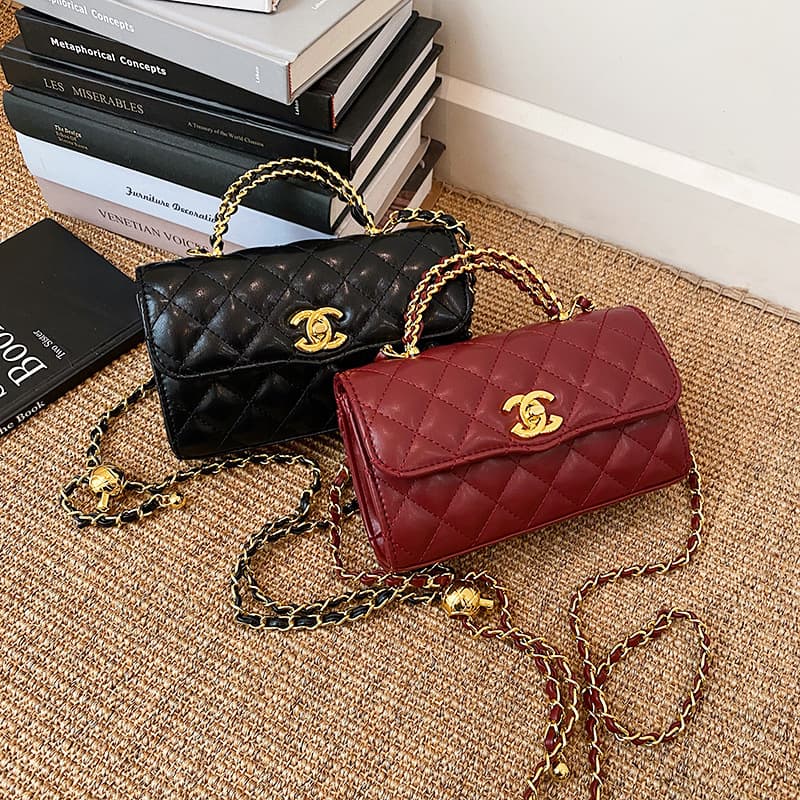 Chanel Style Mini Diamond Quilted Chain Square Bag with Gold Ball Women's Autumn New Fashion Shoulder Crossbody Lipstick Bag