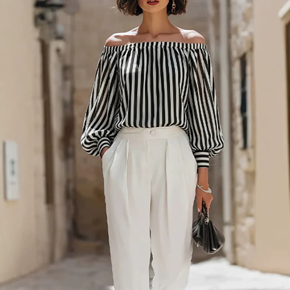 European and American AliExpress 2026 Independent Site Bestseller One-Shoulder Striped Long-Sleeve Elegant Commuter Women's T-Shirt