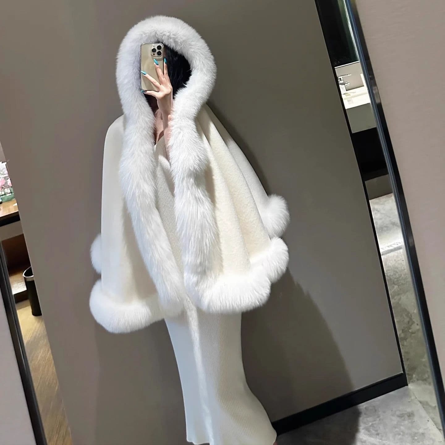 Furry coat for women cape shawl hooded new style imitation fox fur collar white Lolita cloak outerwear.