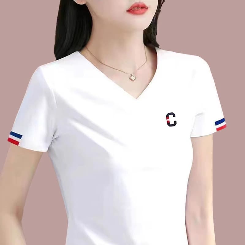 Cotton V-Neck White Short Sleeve T-Shirt for Women 2026 New Summer High-End Women's Fashion Top Trendy Half Sleeve Tee