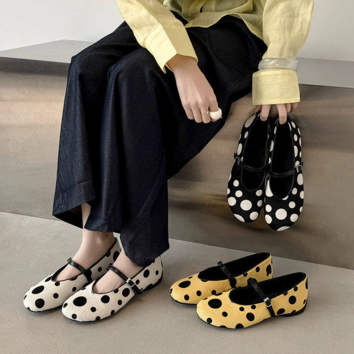 In-Stock Horsehair Korean-Style Polka Dot Comfortable Round-Toe Shallow Soft-Soled 2026 Spring/Summer New Single-Strap Mary Jane Shoes