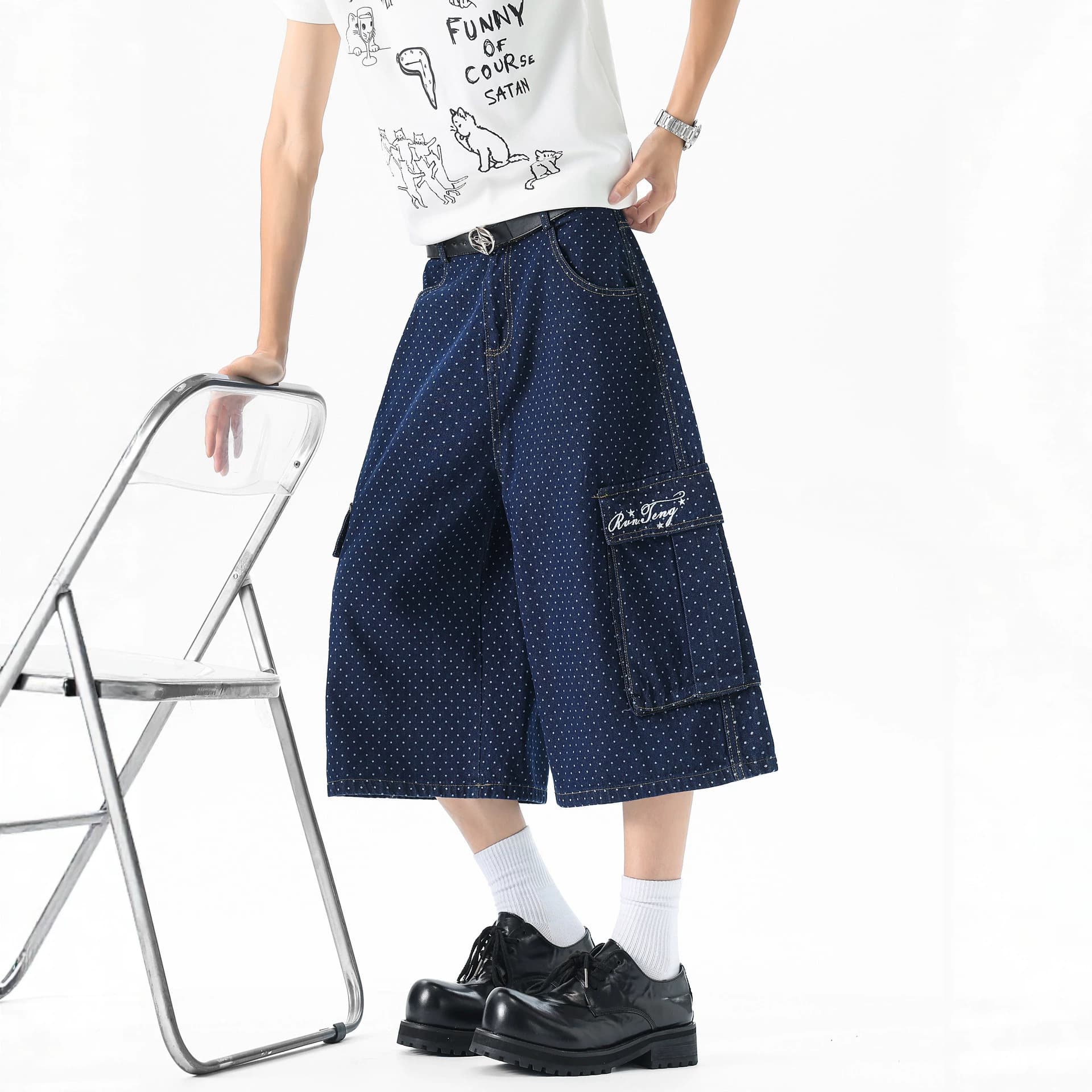 Summer American style polka dot embroidery multi-pocket cropped jeans for men and women, trendy brand loose and versatile wide-leg mid-pants