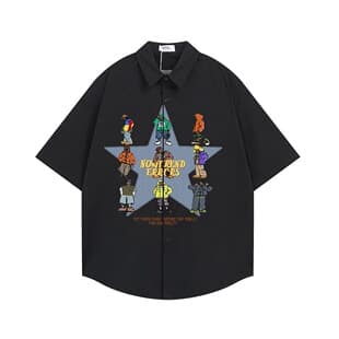 Anime Cartoon Five-Point Star Print Loose Short-Sleeve Shirt Men Hip Hop Summer Casual Turn-Down Collar Shirt