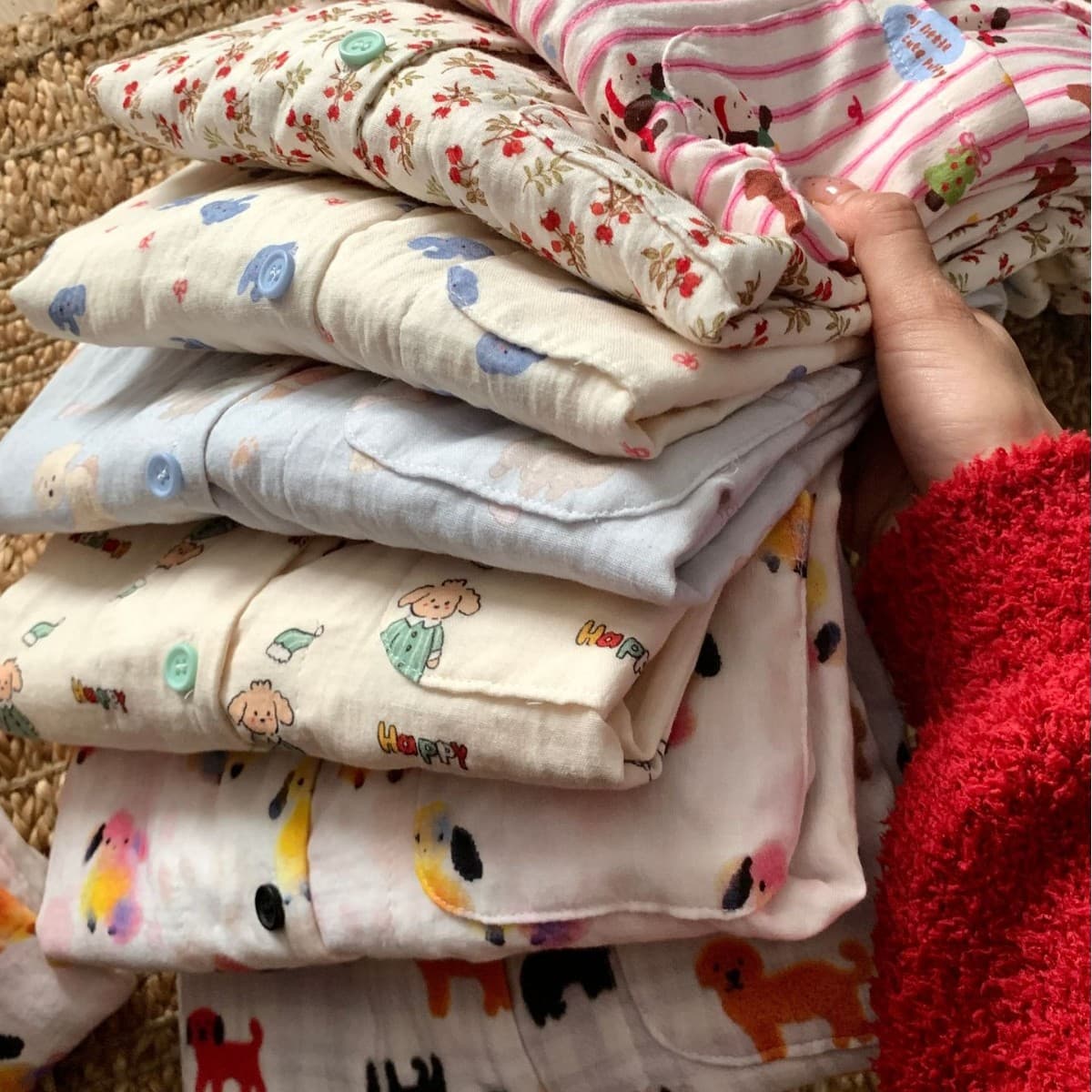 New! Apple Dalmatian Cotton Double-Layer Gauze Homewear Set with Notched Collar Long Sleeve and Long Pants