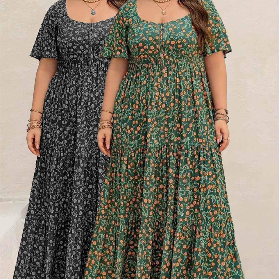 Bohemian Style Cross-Border Floral Plus Size Summer Autumn Loose Long Dress Short Sleeve New Floral Print Slim Fit Dress