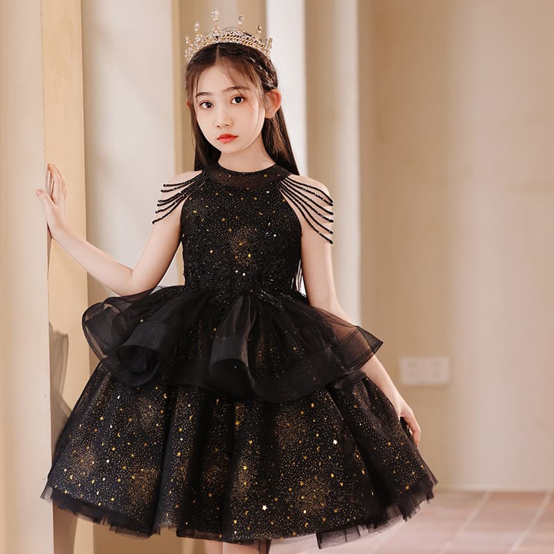 Children's Formal Dress Black Evening Gown Girl Birthday Flower Girl Wedding Dress Little Girl Host Princess Piano Performance Costume