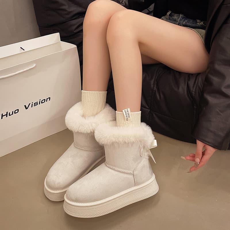 Fleece-Lined Thick Snow Boots Slip-On 2025 Winter New Thick Sole Furry Bow Warm Plus Size Cotton Shoes