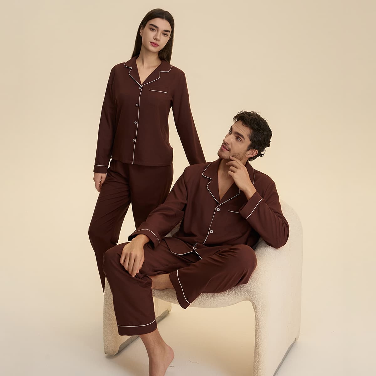 Cross-border Thin Couple Pajamas Long Sleeve Pants Spring Turn-down Collar Cloud Cotton Casual Home Suit 3987+3988