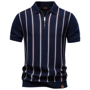 2026 Summer Men's Business Striped Zipper Knit Polo Short Sleeve Top Men's Knitted Polo Shirt