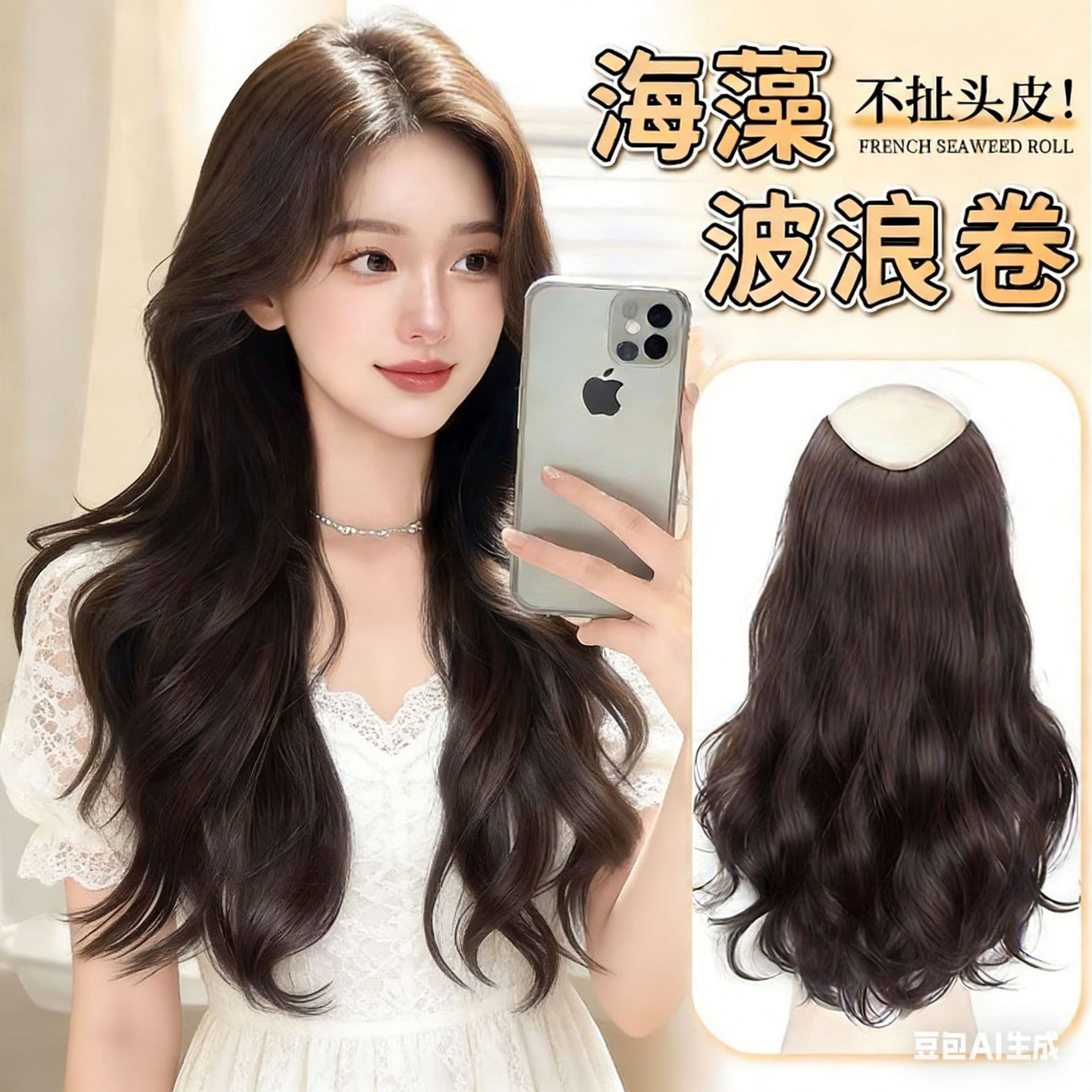 Women's Long Hair Topper One-Piece Big Wave Long Curly Wig Realistic Hair Volume Booster Fluffy Invisible Seamless Hair Extension Piece