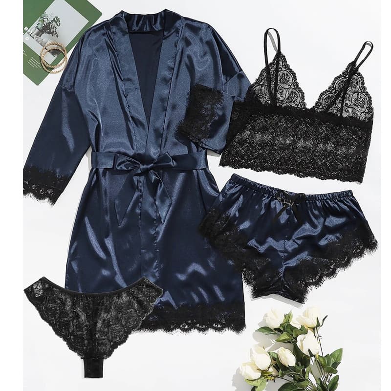 Cross-border Non-elastic Satin Sexy Women's Pajama Set Four-Piece Lace Hollow Trim Satin Camisole Sleepwear Set