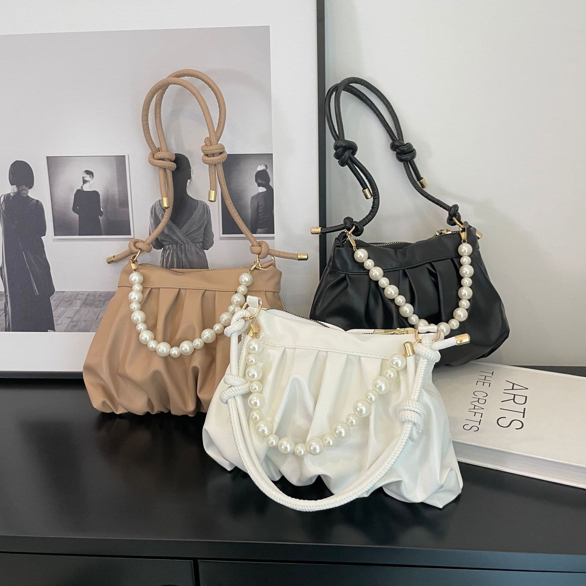 French Niche Textured Handbag for Women 2026 New Pleated Small Square Bag Pearl Shoulder Crossbody Bag