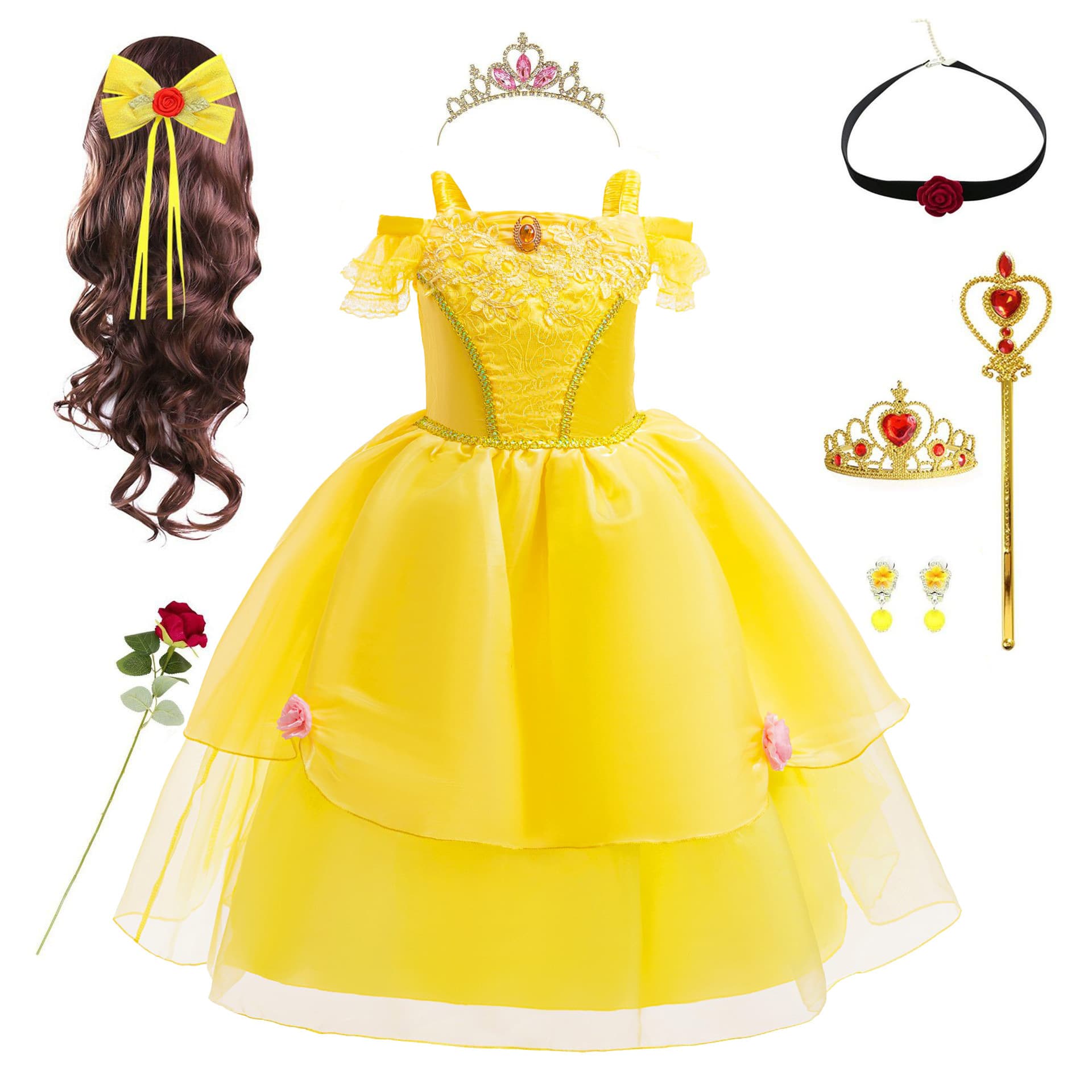 Cross-border Girls Belle Princess Dress Beauty and the Beast One-Shoulder Mesh Dress Cosplay Costume