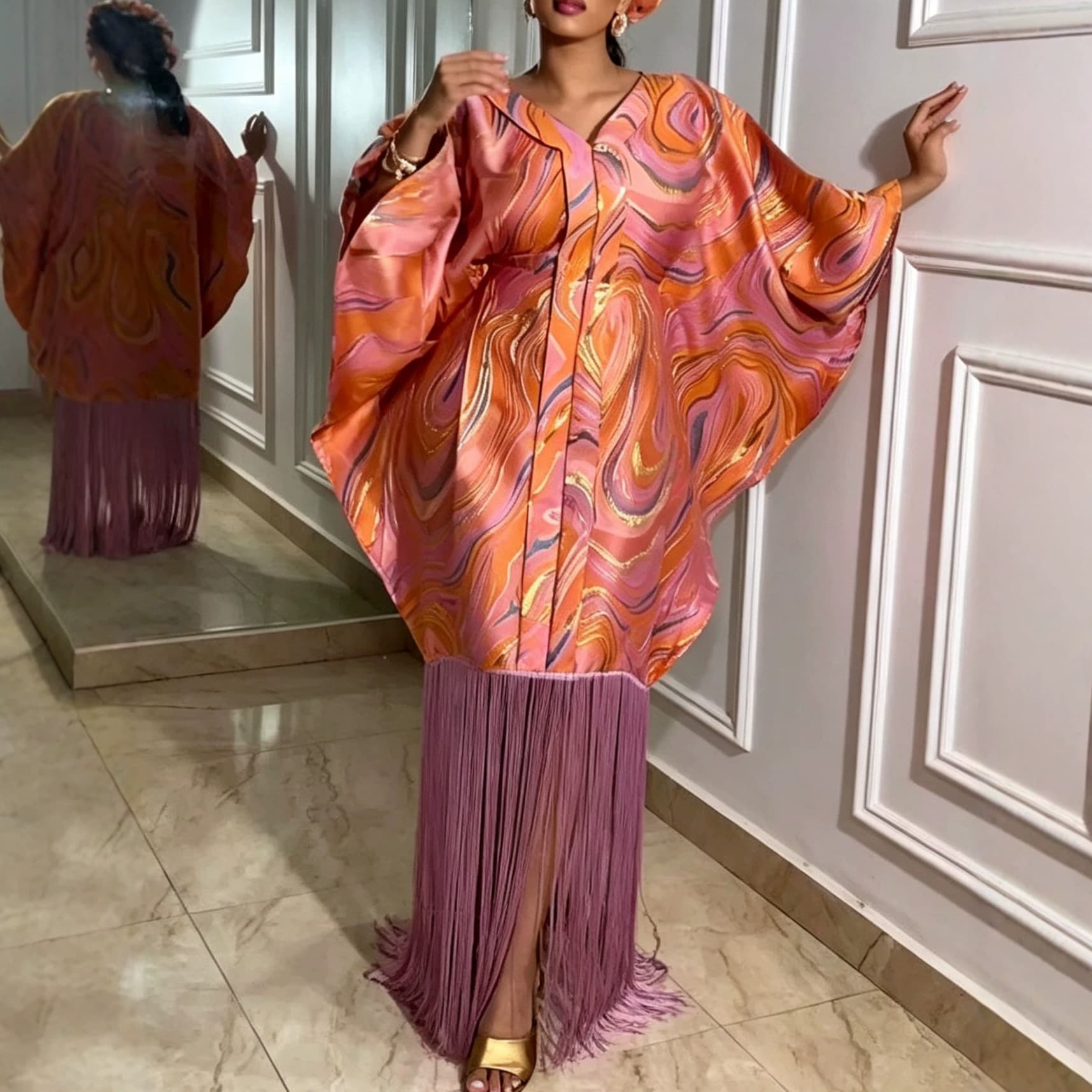 African ethnic print bat-sleeve V-neck dress Designed drawstring waist tassel robe Bubu dress