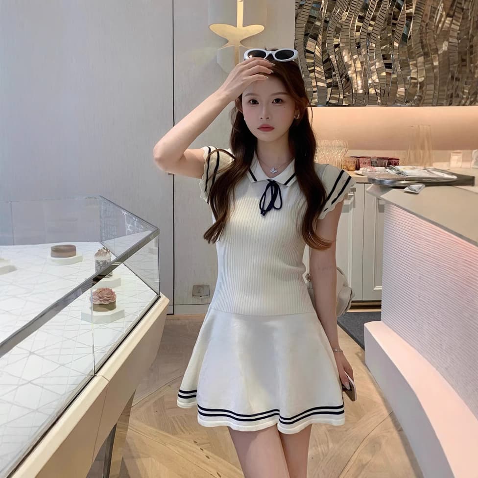 Summer Korean style new college navy style small flying sleeves knitted lace-up dress women's slimming short skirt