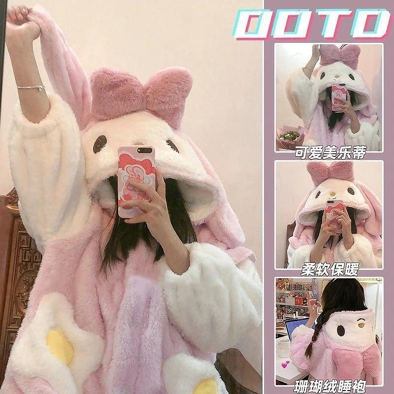 Girl Rabbit Hooded Coral Fleece Pajamas, Winter 2025 New My Melody Robe, Fleece-Lined Thick Nightgown
