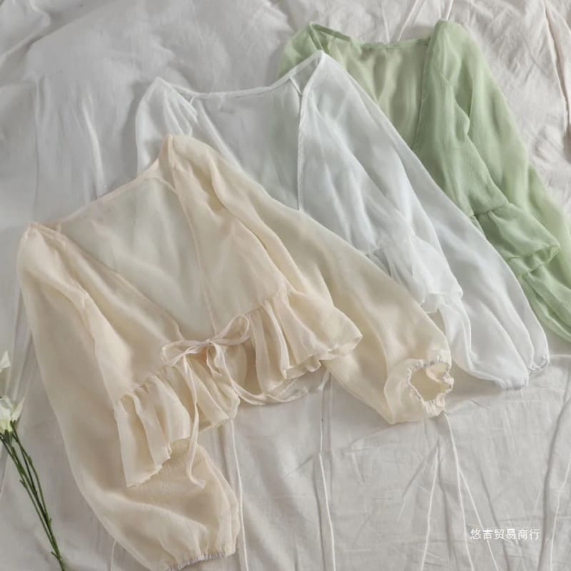2026 summer new style fairy ruffled knitted cardigan with lace-up bell sleeves translucent sun protection clothing long sleeves for women