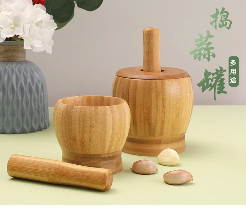 Bamboo Kitchen Garlic Crusher Mortar and Pestle Home Tool Garlic Ginger Grinder Masher Wood