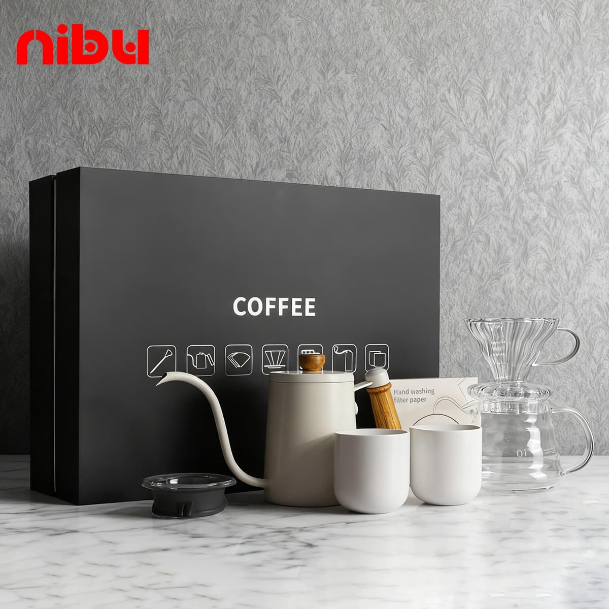Nibu New Pour Over Coffee Set, Coffee Business Gift Box, Coffee Cup, Pour Over Kettle, Filter Cone, Filter Paper 6-Piece Set