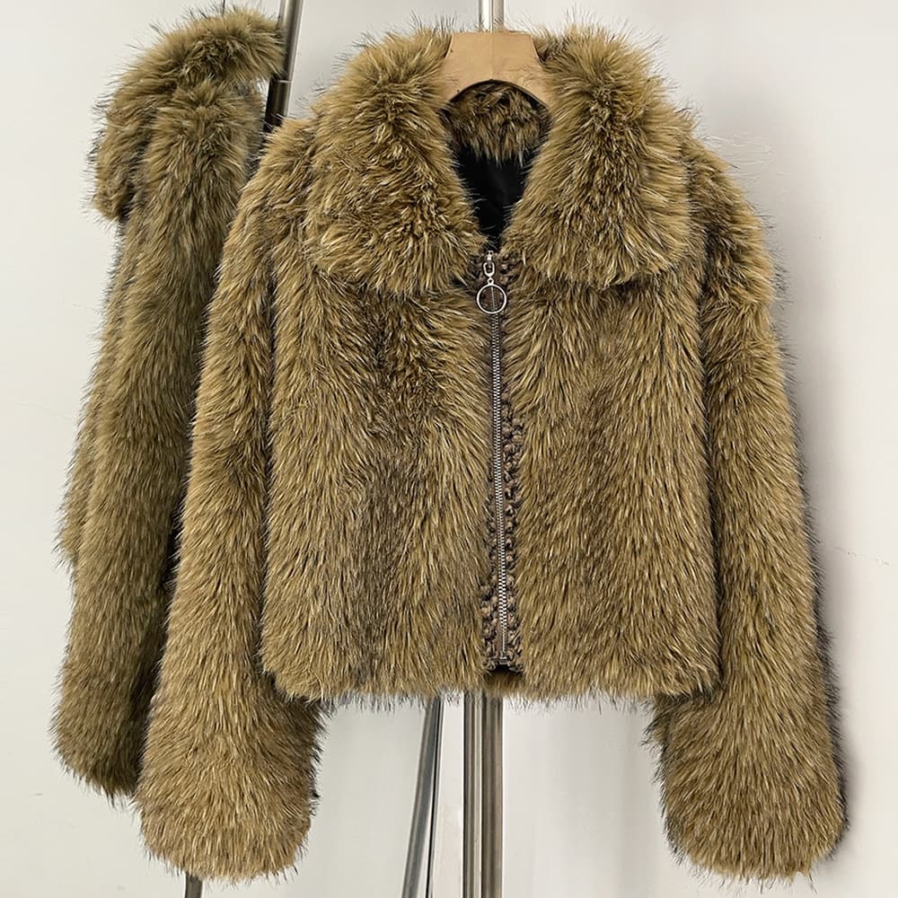 European and American Short Faux Fur Jacket for Women, Faux Fur Jacket, Autumn and Winter Thick Warm Eco-Friendly Raccoon Fur