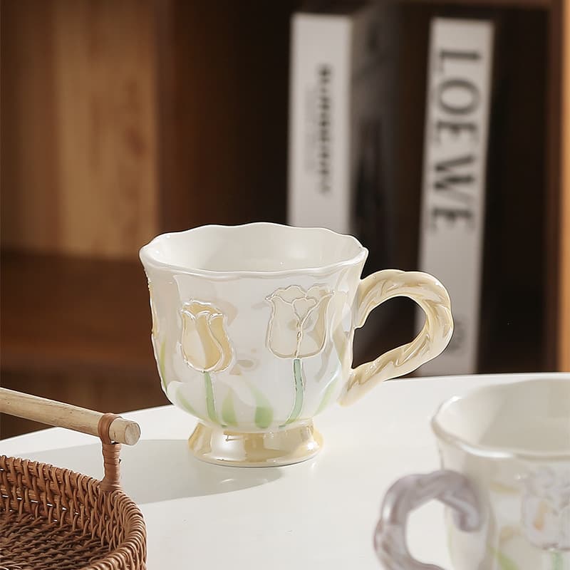 Pearlescent Shimmer Tulip Mug, Pink Cup, High-Aesthetic Stemmed Cup, Under-Glaze Ceramic Cup, Birthday Gift
