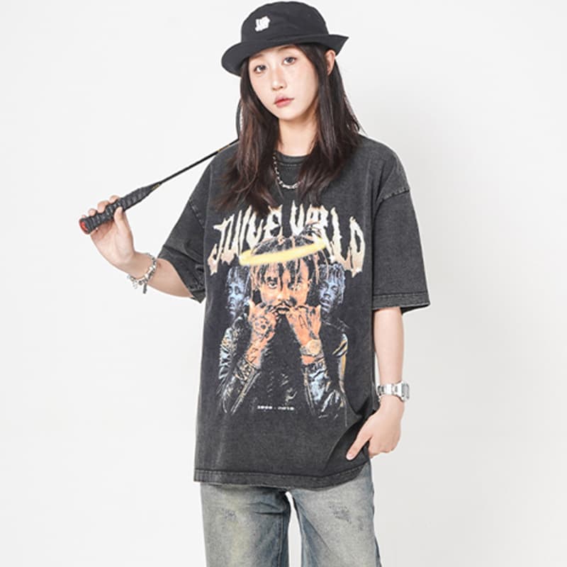 Travis Scott Hip-Hop Rapper Short-Sleeved ASAP Retro Washed Distressed T-Shirt Versatile Loose Fit