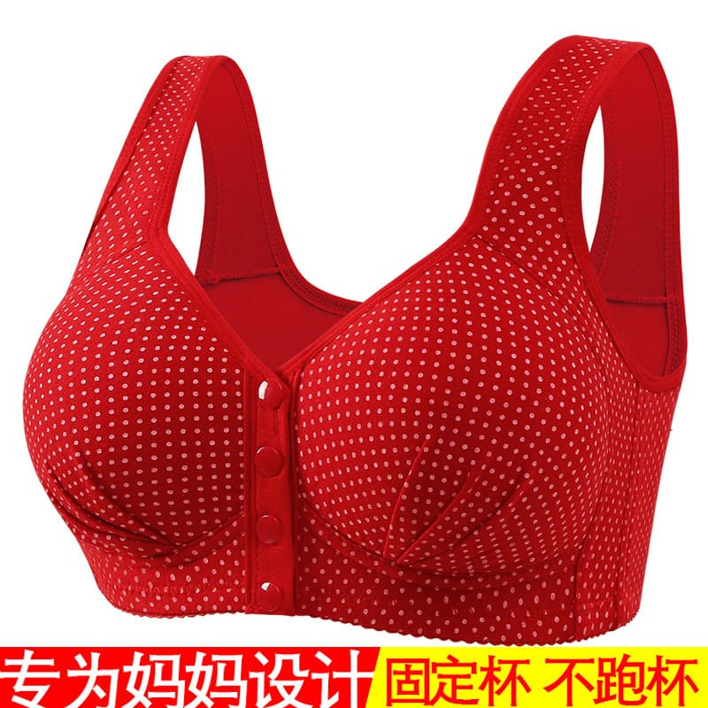 Front-opening, bright red, thick bra for middle-aged and elderly women, polka dot, anti-sagging, wire-free, shaping women's bra