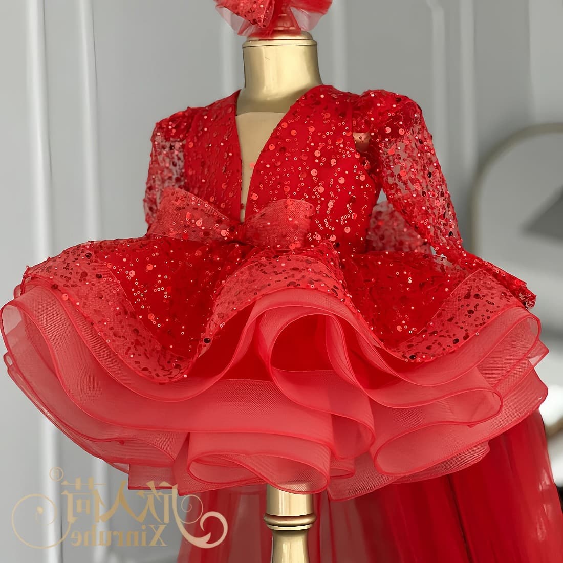 Cross-border girls' dress heavy industry high-definition red short dress princess style one-year-old baby girl birthday New Year party