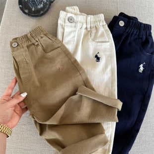 Kids Casual Pants 2026 Fall Korean Style New Arrival Solid Color Elastic Waist Cotton Pants for Boys and Girls Baby Embroidered Stretch Pants