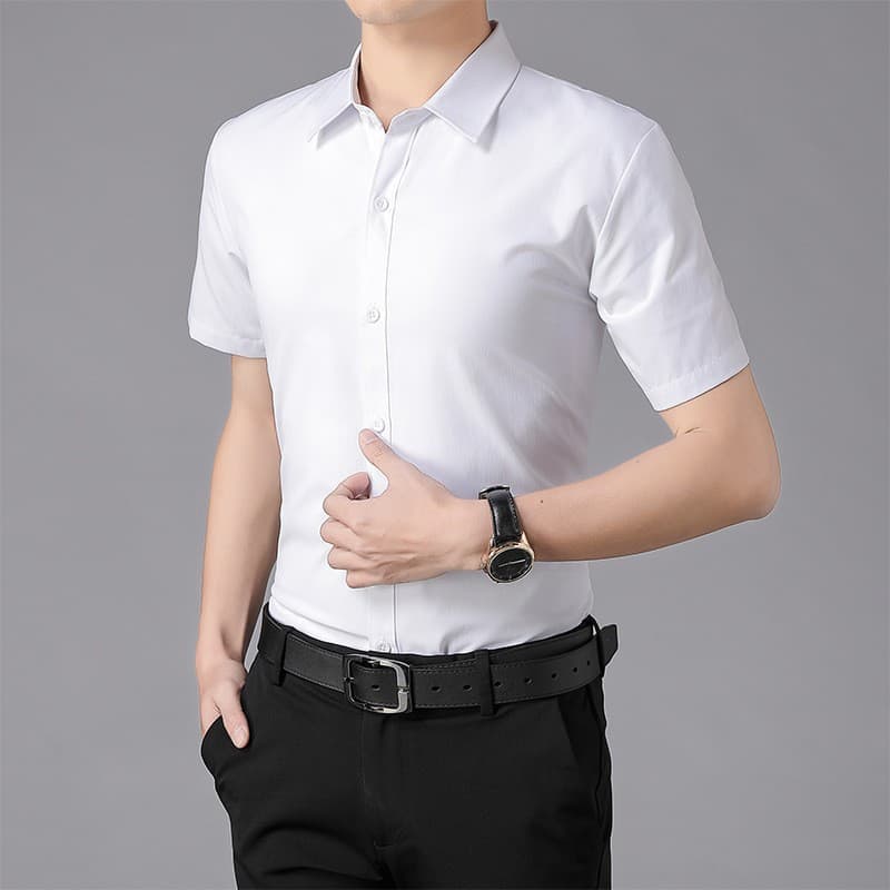 Summer Casual Short-Sleeve Shirt for Men, Half-Sleeve Solid Color Business Work Shirt, Professional Formal Blue Men's Clothing