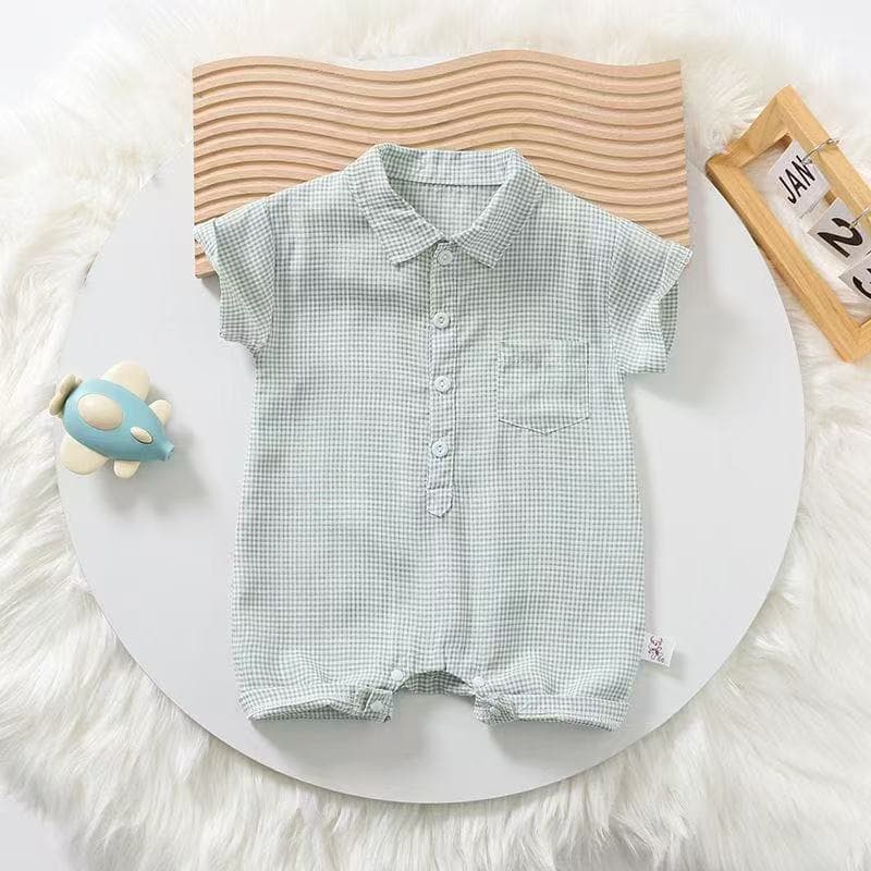 Summer baby short-sleeved jumpsuit for boys and newborn children POLO collar plaid crawler clothes for outings