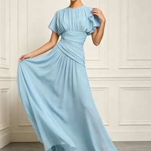 2026 Spring Europe and America Amazon Cross-border Crew Neck Flutter Sleeve Waist Shirred Flared Wedding Party Evening Dress