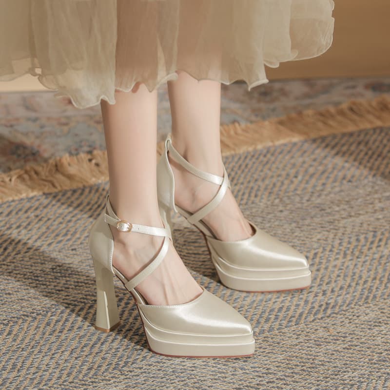 Jin Gang M11502 Pointed Toe Chunky Heel Hollow Double Platform Ultra High Heel Shoes for Women 2024 Wedding Shoes Bride Shoes