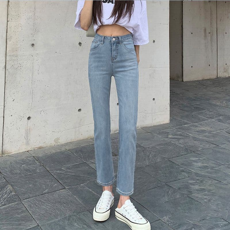Light Blue Women's Jeans Summer Slim Fit Stretch High Waist Slimming Work Loose Straight Cigarette Pants Ankle Length