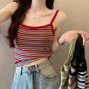 New Retro Striped Camisole for Women, Summer Inner or Outer Wear, Short Style with Built-in Pads, Layering Top