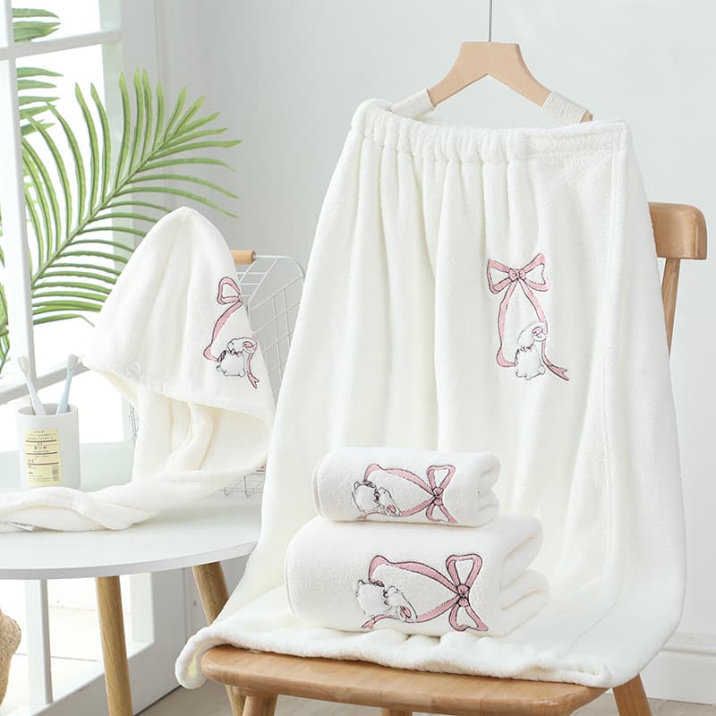 Women's Cotton Bath Towel Robe Style Absorbent Home Use Three Piece Set Princess Series Light Weight Coral Fleece Towel